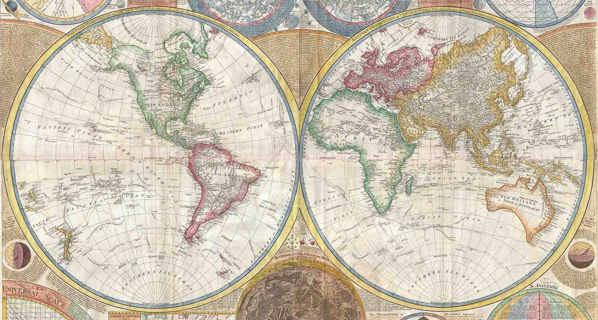 Wall Map of the World in Hemispheres, 1794, Samuel Dunn